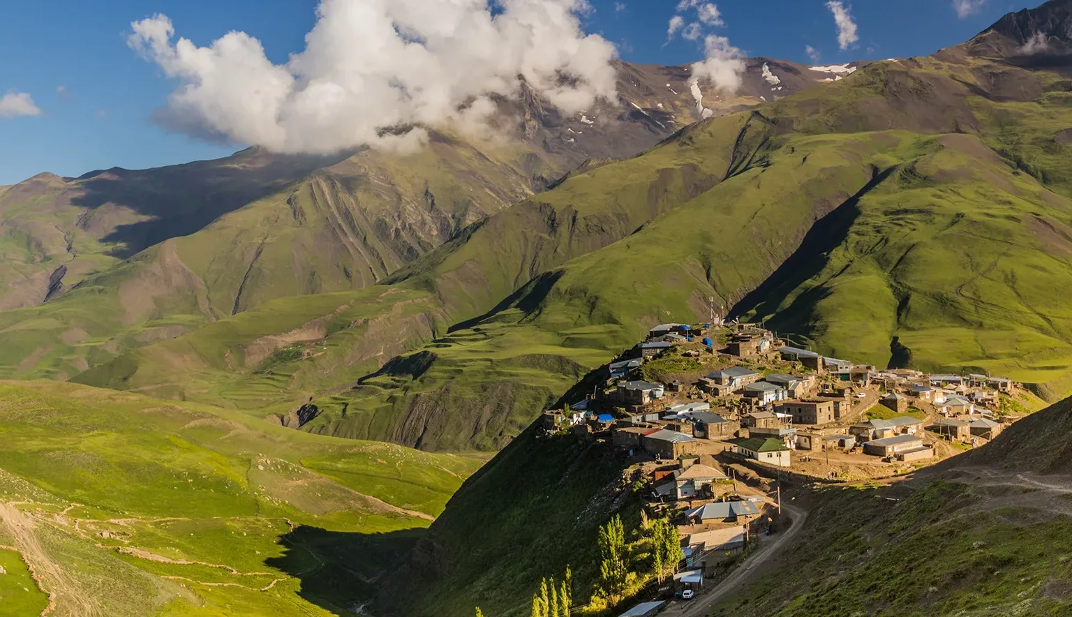 Snow-covered peaks of the Caucasian Mountains in northern Azerbaijan