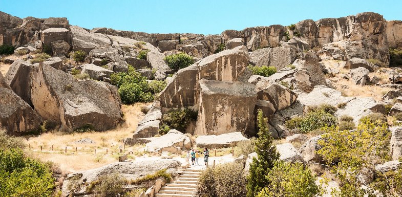 Rock carvings and ancient petroglyphs on Gobustan rocks in Azerbaijan