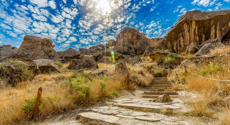 Gobustan rocks with ancient petroglyphs dating back thousands of years