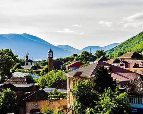 Panoramic view of Sheki with lush green hills, traditional houses, and a peaceful skyline.
