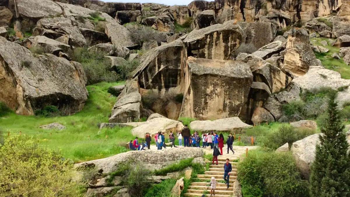 Vast rocky terrain of Gobustan, rich in history and mystery.