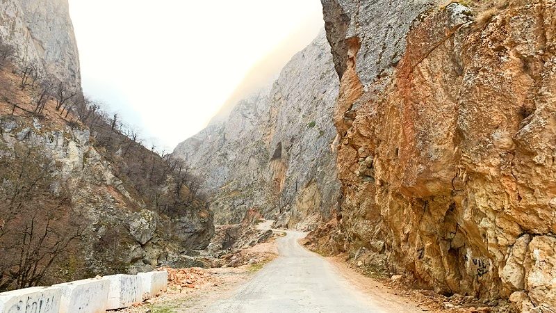 Rugged cliffs and rocks surrounding Khinalig village